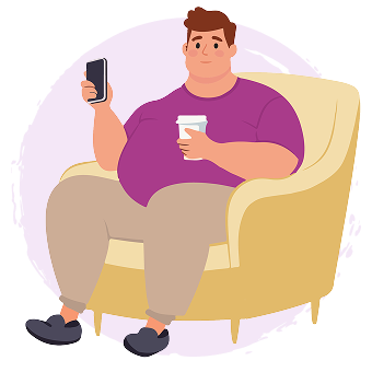 obézní muž s jídlem sedící v křesle